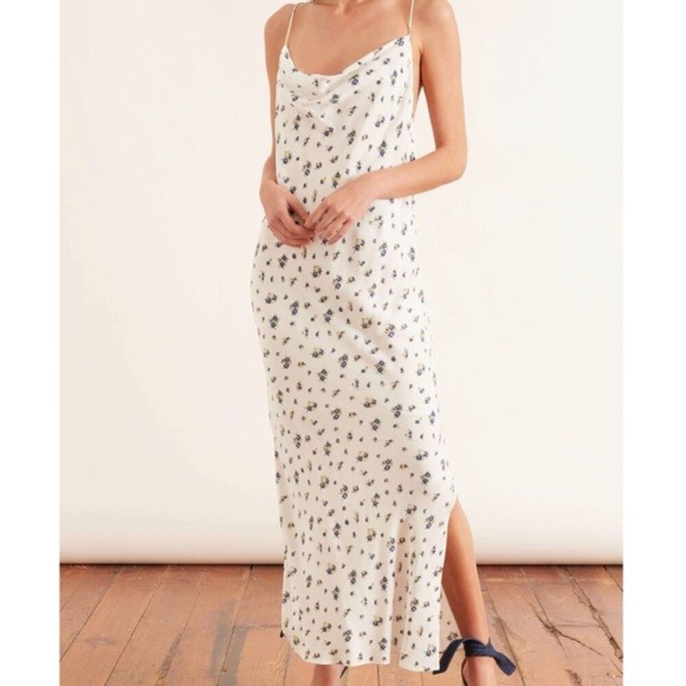 Samsoe & Samsoe Dress White Blue Midi Floral Motif Chiffon Apples Slip Large NWT